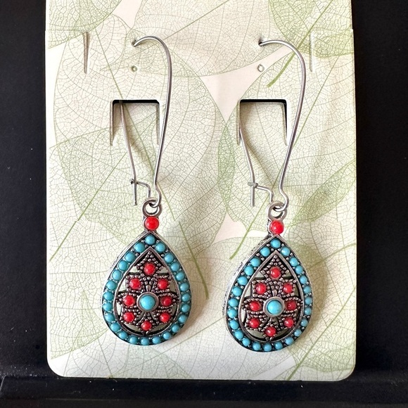 Bohemian Water Droplet Silver Tone Hoop Earrings - Picture 4 of 5